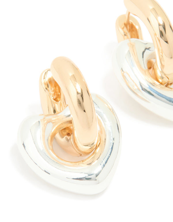 Mixed Metal Heart Drop Huggie Earrings