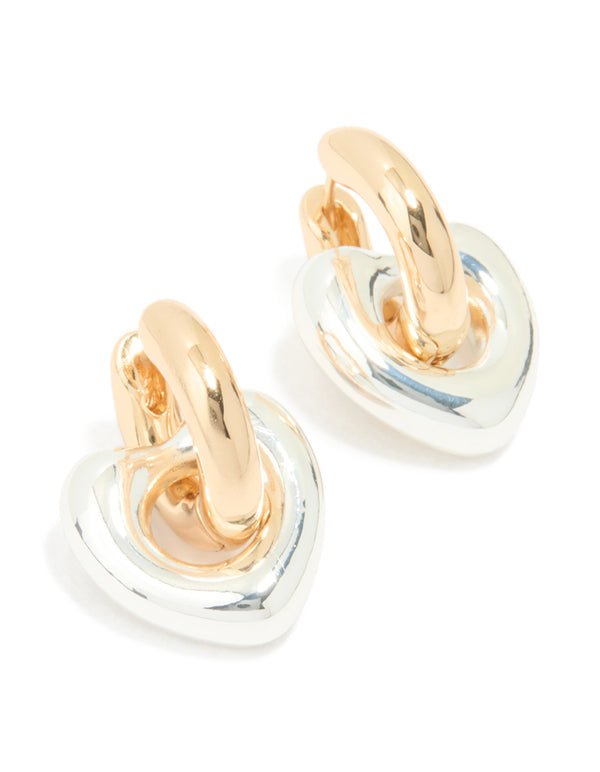 Mixed Metal Heart Drop Huggie Earrings