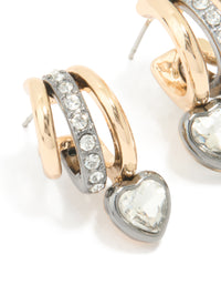 Mixed Metal Heart Diamante Triple Hoop Earrings - link has visual effect only