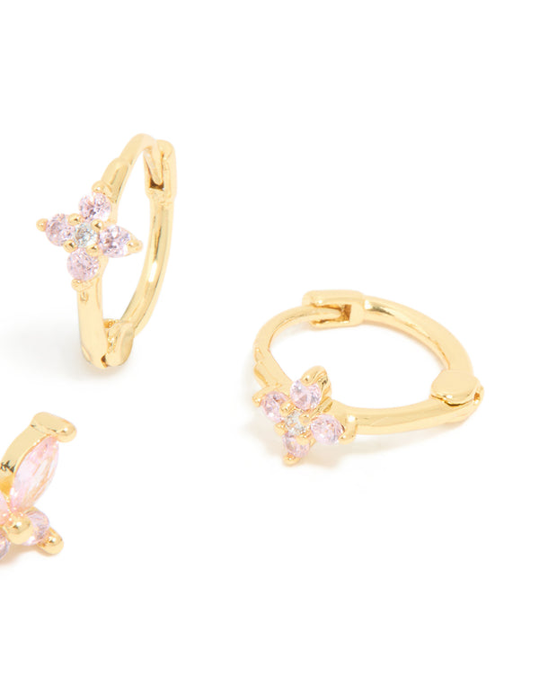 Gold Plated Pink Cubic Zirconia Butterfly Huggie & Stud Earrings 2-Pack