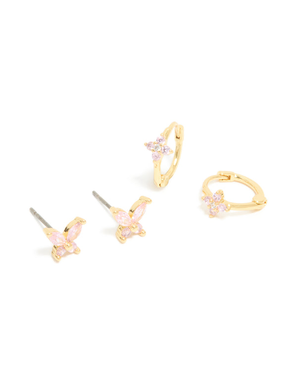 Gold Plated Pink Cubic Zirconia Butterfly Huggie & Stud Earrings 2-Pack