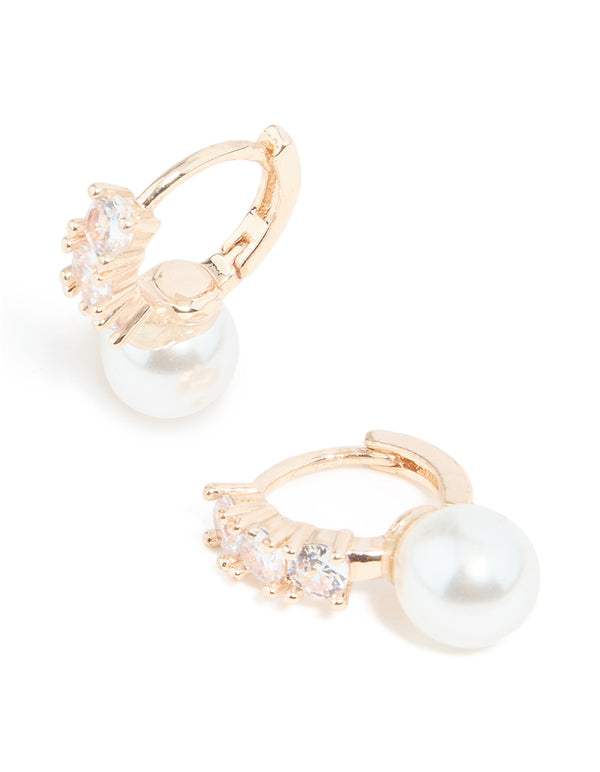 Rose Gold Plated Cubic Zirconia Pearl Drop Huggie Earrings