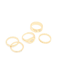 Gold Plated Star Stamped Signet & Textured Rings 5-Pack - link has visual effect only