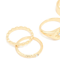 Gold Plated Star Stamped Signet & Textured Rings 5-Pack - link has visual effect only