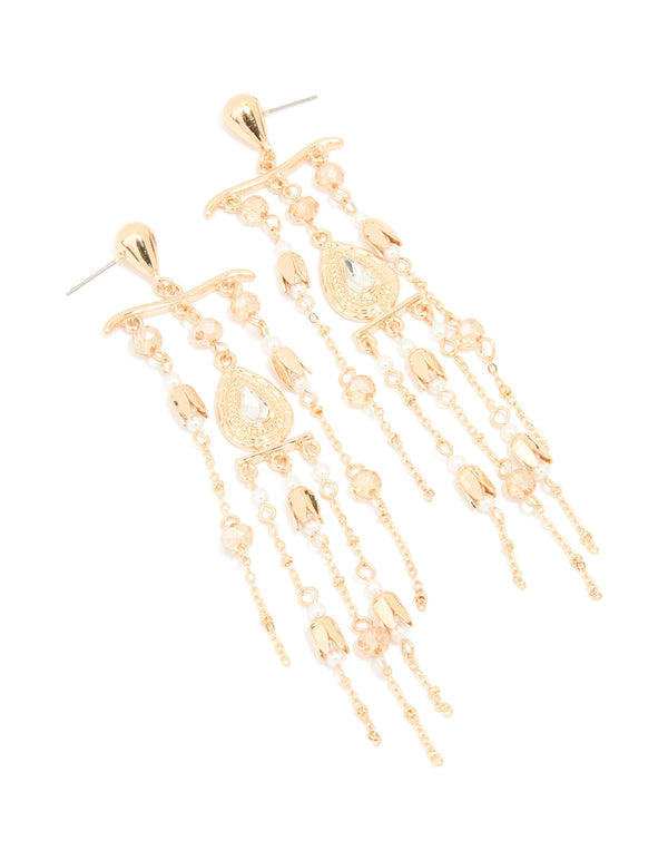 Gold Beads & Pearl Fringe Drop Earrings