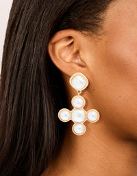 Worn Gold Pearl Cross Drop Earrings - link has visual effect only