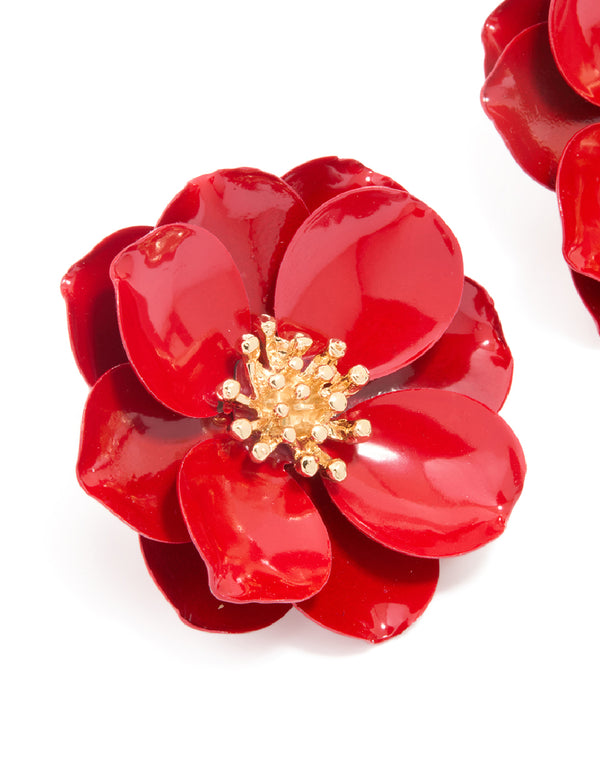 Red Coated Metal Small Flower Stud Earrings
