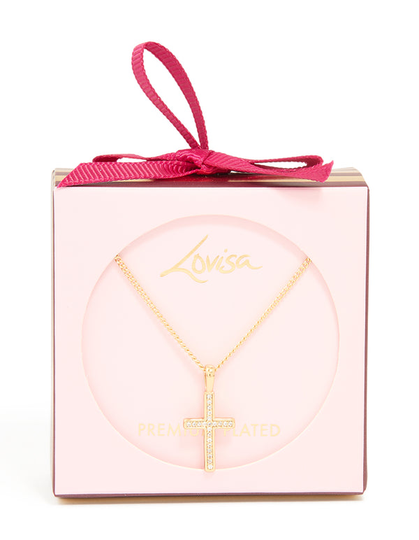 Gold Plated Cubic Zirconia Cross Pendant Necklace