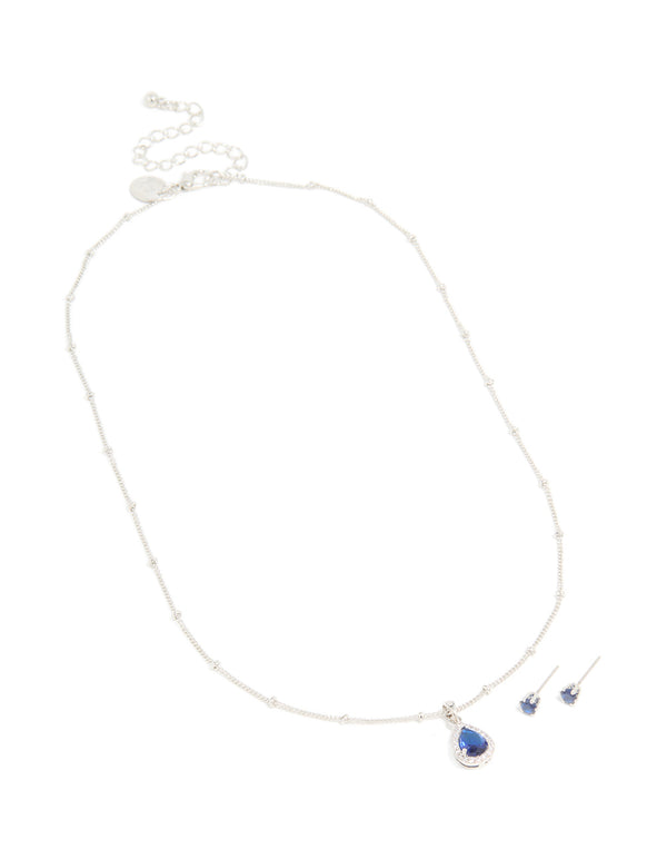Silver Sapphire Cubic Zirconia Teardrop Pendant Necklace & Earrings Set