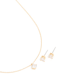 Gold Cubic Zirconia Round Pendant Necklace & Earrings Set - link has visual effect only