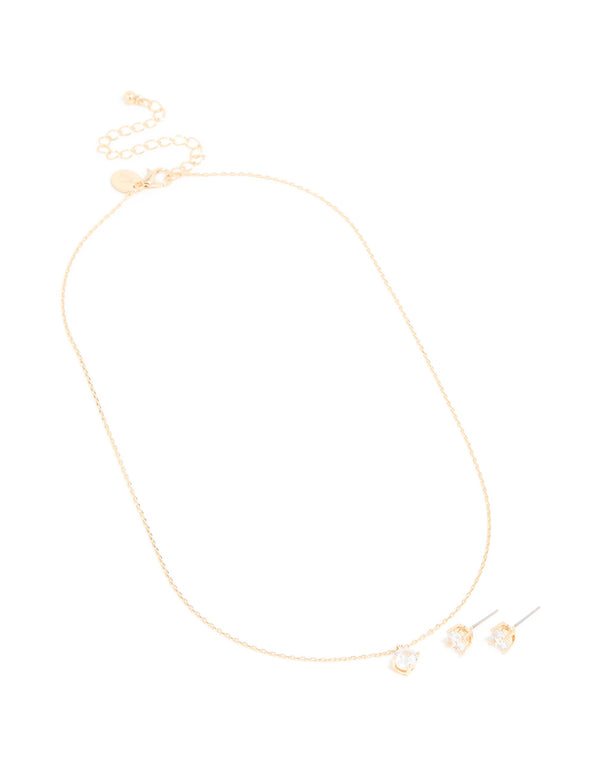 Gold Cubic Zirconia Round Pendant Necklace & Earrings Set