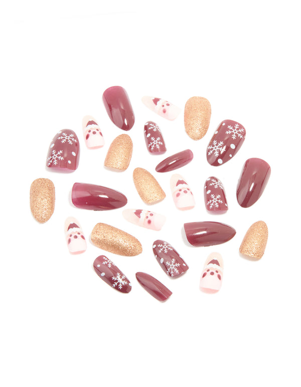Burgundy & Gold Glitter Snowflake Press-On Nail Set