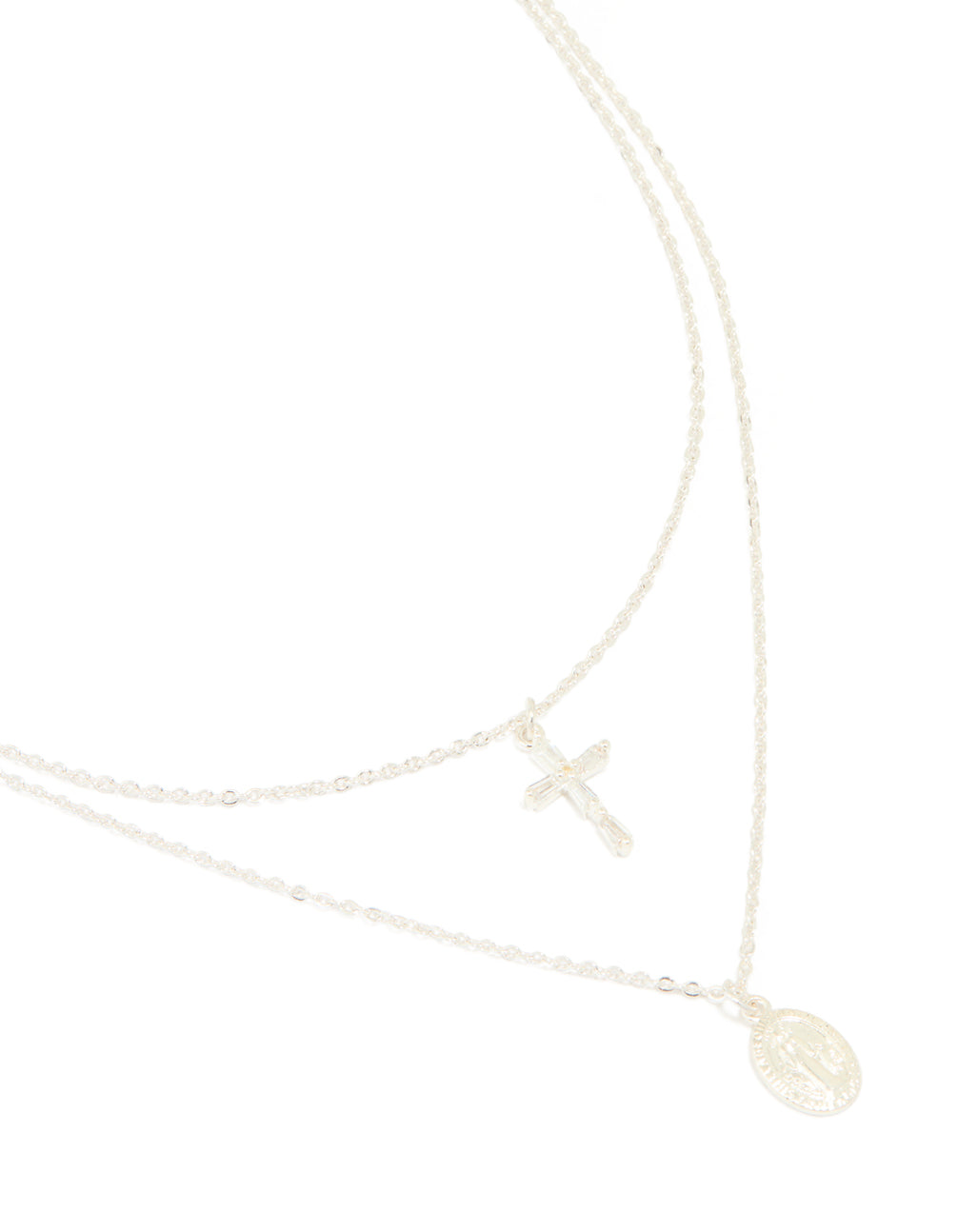 Silver Plated Cross & Mary Pendant Layered Necklace