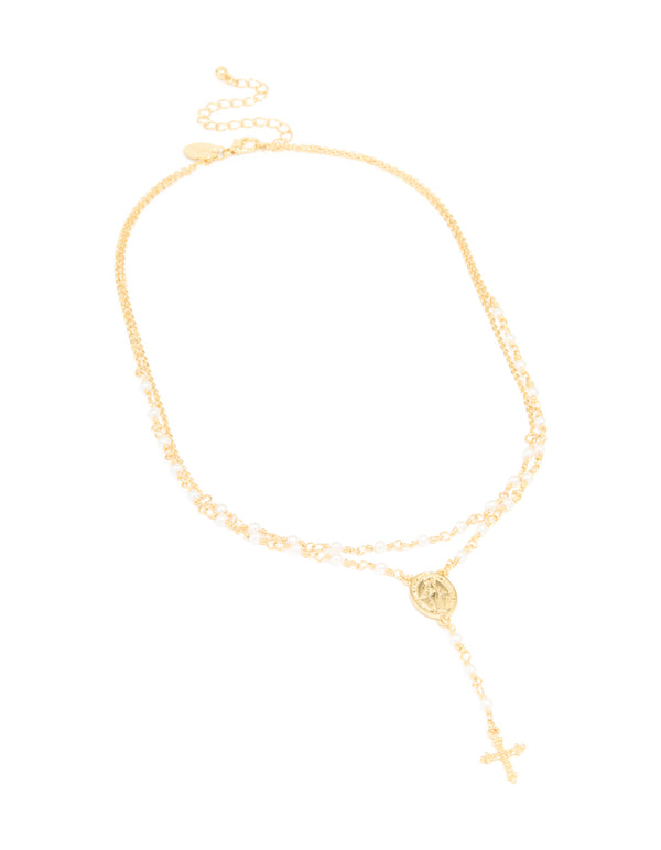 Gold Plated Pearl Mary Pearl Y-Necklace 2-Pack