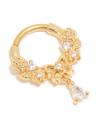 Gold Plated Surgical Steel Cubic Zirconia Floral Drop Clicker Ring - link has visual effect only