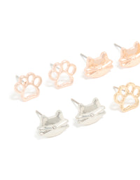 Kids Mixed Metal Dog Paw & Cat Face Stud Earrings 6-Pack - link has visual effect only