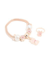 Kids Gold Pink Pearl Cat Stretch Charm Bracelet & Ring Set - link has visual effect only