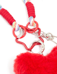 White & Rainbow Rope Red Fluffy Heart Key Chain - link has visual effect only