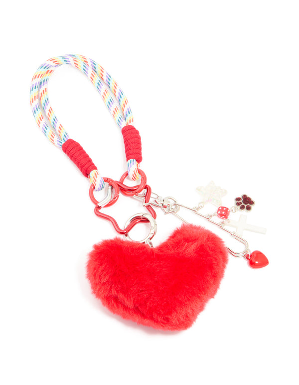 White & Rainbow Rope Red Fluffy Heart Key Chain