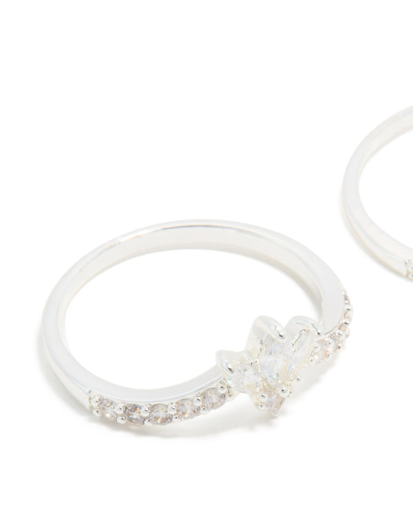 Silver Plated Cubic Zirconia Triple Leaf & Crown Stacking Rings 2-Pack