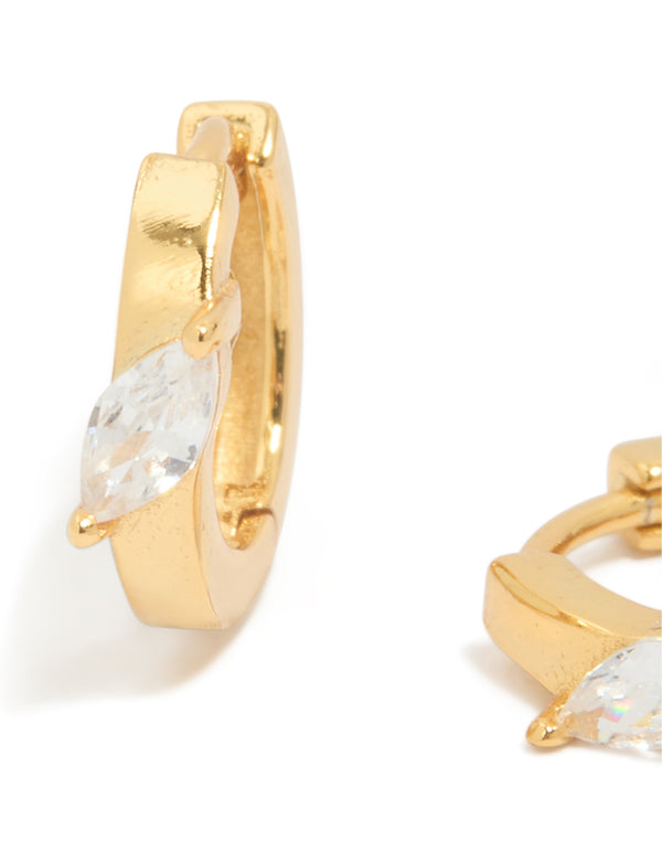 Gold Plated Sterling Silver Cubic Zirconia Navette Cut Huggie Earrings