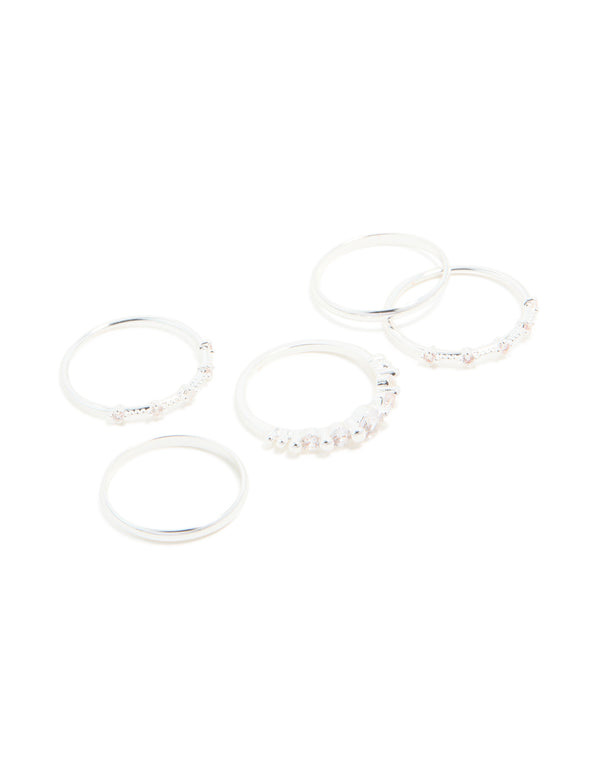 Silver Plated Dainty Cubic Zirconia Stacking Rings 5-Pack