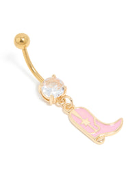 Gold Plated Surgical Steel Pink Cubic Zirconia Cowboy Boot Belly Bar - link has visual effect only