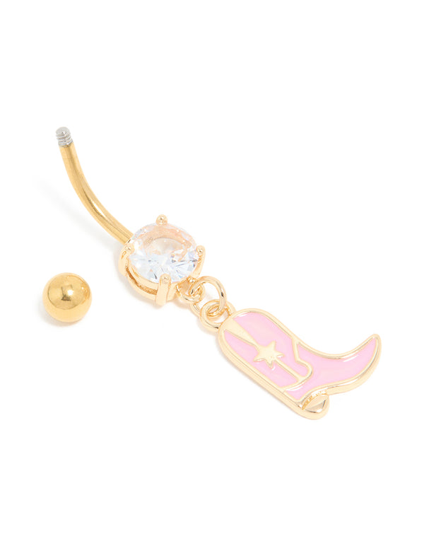 Gold Plated Surgical Steel Pink Cubic Zirconia Cowboy Boot Belly Bar