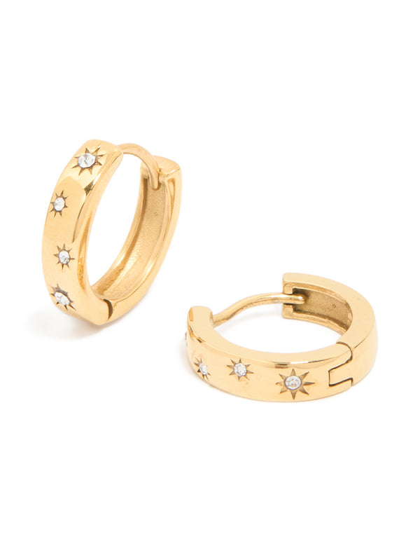 Waterproof Gold Plated Stainless Steel Diamante Star Clicker Hoop Earrings