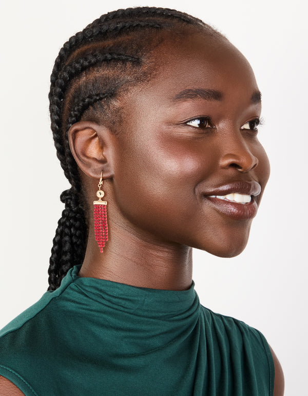 Gold Red Diamante Ball Cup Chain Drop Earrings