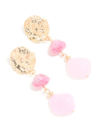 Gold Pink Beaded & Molten Disc Drop Earrings - link has visual effect only