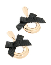 Gold Black Bow Round Drop Earrings - link has visual effect only