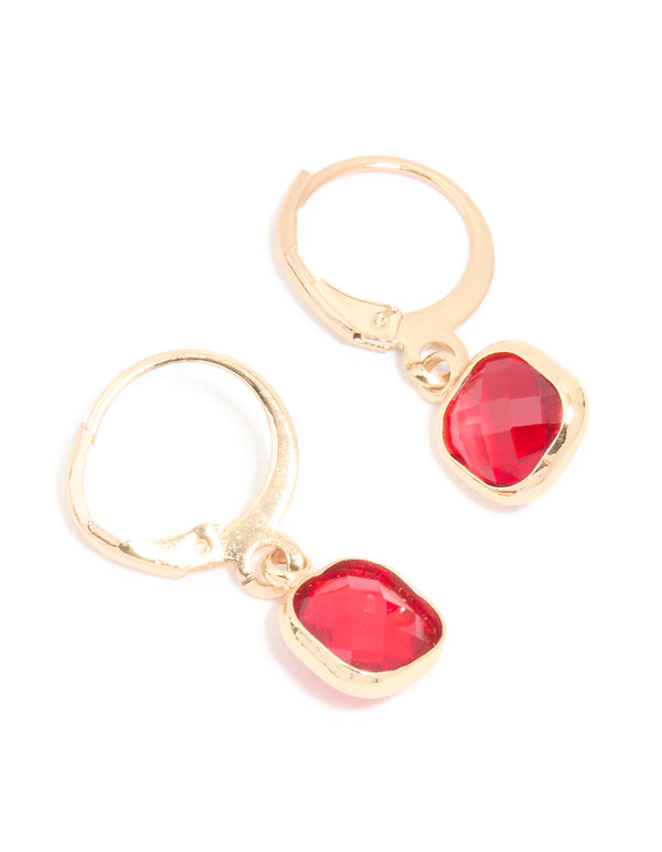 Gold Red Diamante Square Huggie Earrings