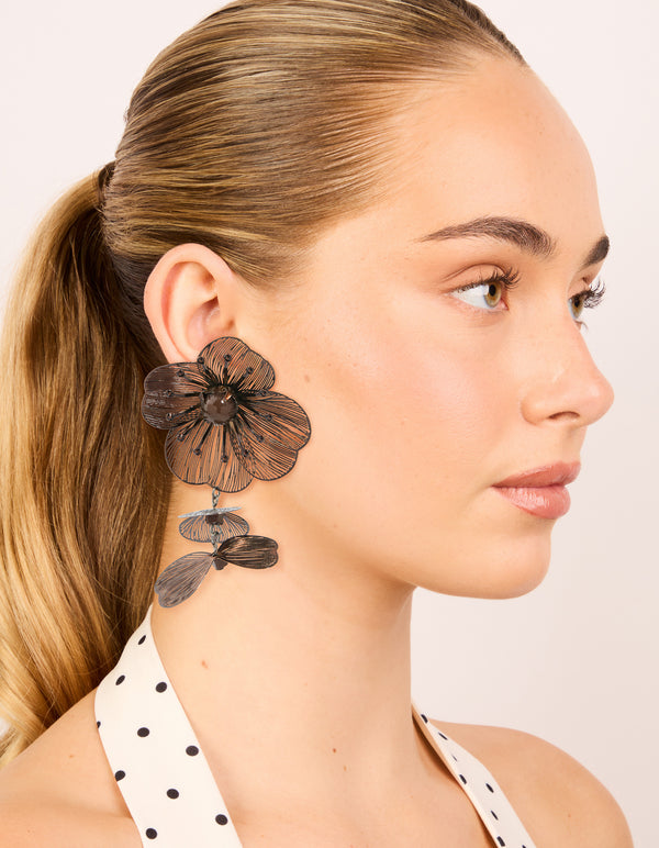 Brown Coated Metal Multi Lazer Cut Flower Drop Earrings