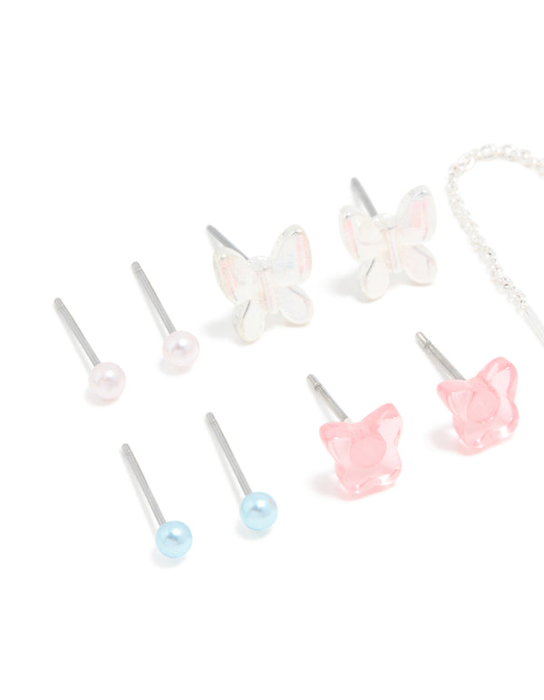Silver Diamante & Butterfly Stud aEarrings 8-Pack