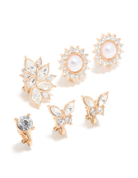 Gold Pearl & Diamante Butterfly Clip On Earrings 5-Pack - link has visual effect only