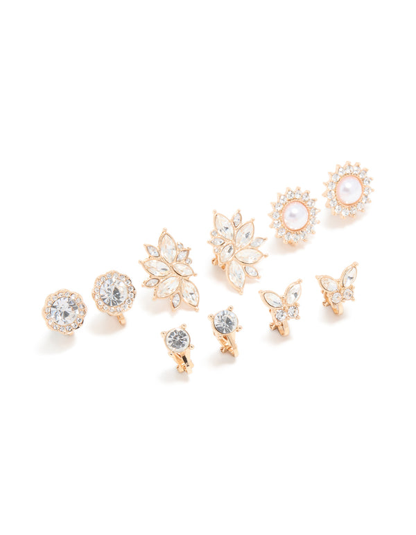 Gold Pearl & Diamante Butterfly Clip On Earrings 5-Pack
