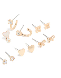 Gold Pearl & Heart Stud Earrings 7-Pack - link has visual effect only