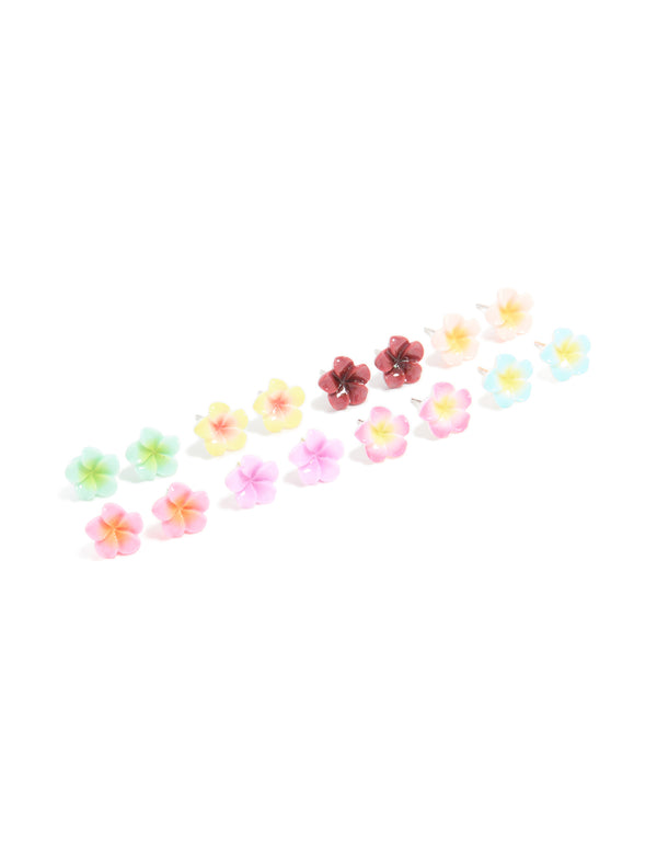 Multicoloured Frangipani Flower Stud Earrings 8-Pack