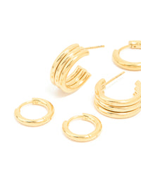 Waterproof Gold Plated Stainless Steel Thin Textured Earrings 3-Pack - link has visual effect only