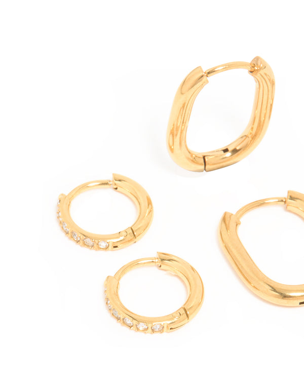 Waterproof Gold Plated Stainless Steel Oval & Cubic Zirconia Huggie Earrings 3-Pack
