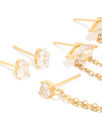 Waterproof Gold Plated Stainless Steel Cubic Zirconia Marquise Clicker & Studs 3-Pack - link has visual effect only