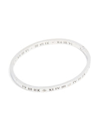Crafted from waterproof stainless steel, this diamante Roman numeral hinge bangle in silver with clear stones front view - link has visual effect only