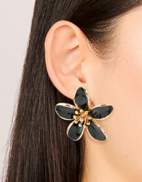 Gold Black Enamel Small Flower Stud Earrings - link has visual effect only