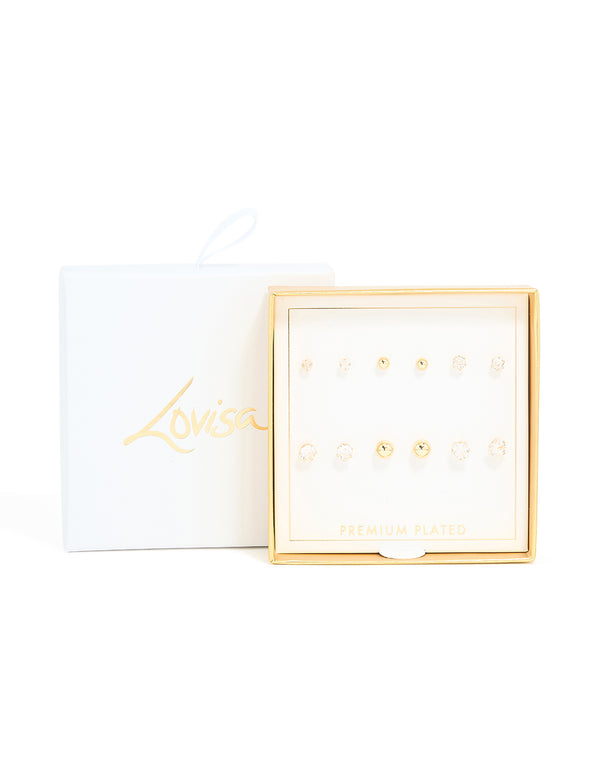 Gold Plated Cubic Zirconia & Ball Stud Earrings 6-Pack