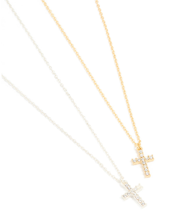 Mixed Metal Diamante Cross Necklaces 2-Pack