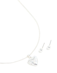 Silver Locket Necklace & Stud Earrings Set - link has visual effect only