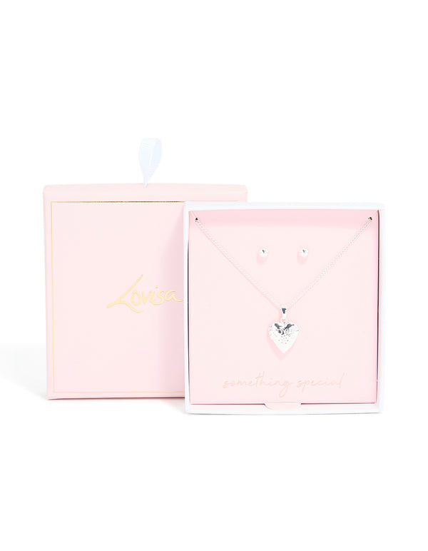 Silver Locket Necklace & Stud Earrings Set