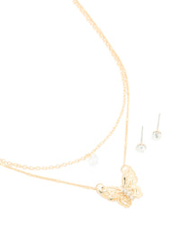 Gold Butterfly Layered Necklace & Stud Earrings Set - link has visual effect only