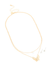 Gold Butterfly Layered Necklace & Stud Earrings Set - link has visual effect only